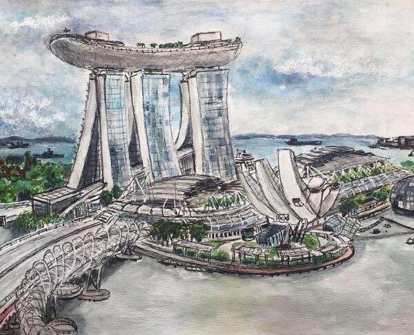 Watercolour of Marina Bay Sands from the Ritz Carlton