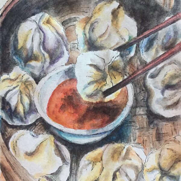 Watercolour and ink painting of delicious Shanghainese Dumplings