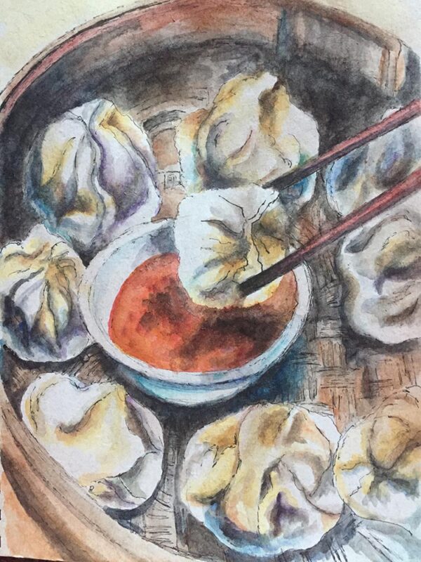 Watercolour and ink painting of delicious Shanghainese Dumplings