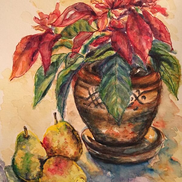 Watercolour still life of Pears and Plant painted during the Singapore Covid lockdown