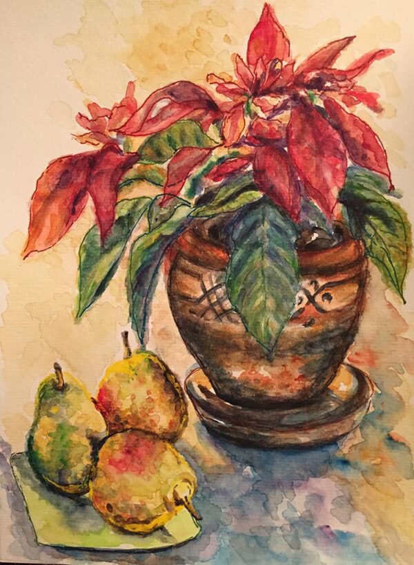 Watercolour still life of Pears and Plant painted during the Singapore Covid lockdown