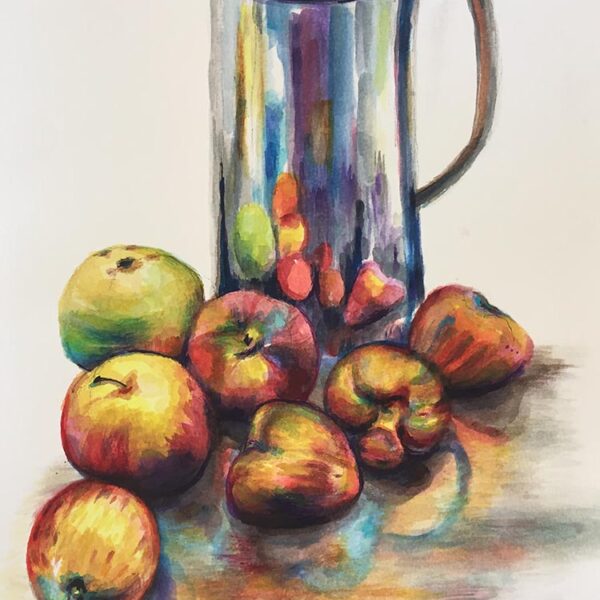 Watercolour still life of Apples and Jug painted during the Singapore Covid lockdown