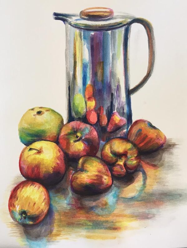 Watercolour still life of Apples and Jug painted during the Singapore Covid lockdown