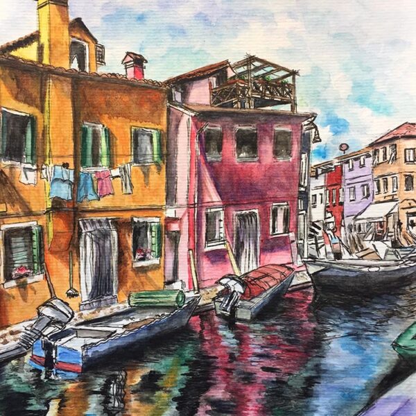 Watercolour and ink painting of Venice with reflections in the canal