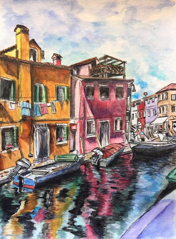 Watercolour and ink painting of Venice with reflections in the canal