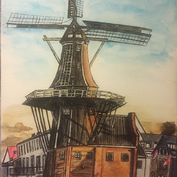 Original watercolour painting of a windmill in Holland