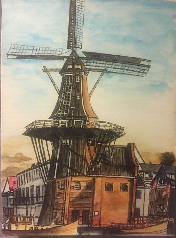 Original watercolour painting of a windmill in Holland