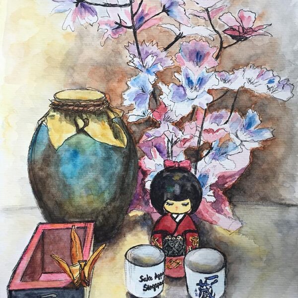 Original watercolour painting of a Japanese window display still life in Singapore