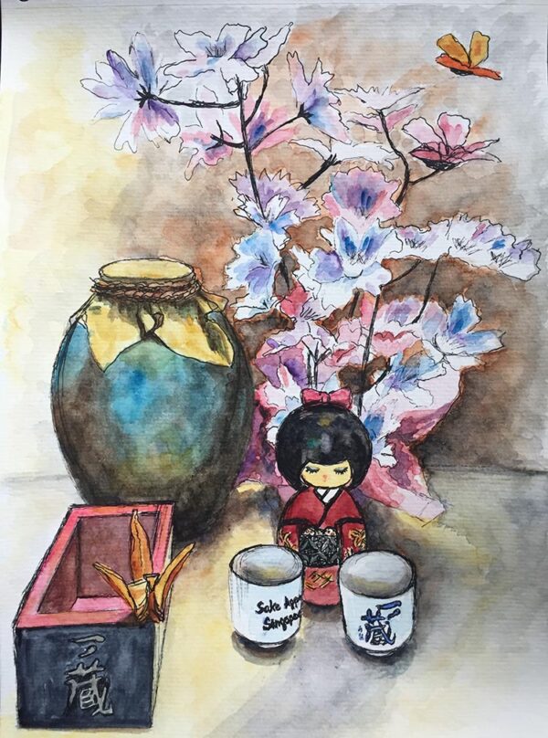 Original watercolour painting of a Japanese window display still life in Singapore
